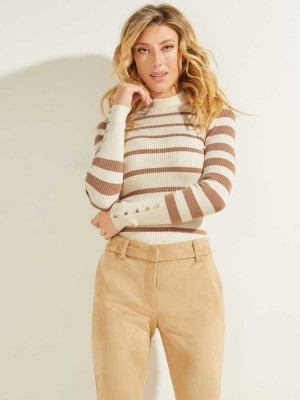 Cream White Light Guess Brea Ribbed Women's Sweaters | 9423-WURBS
