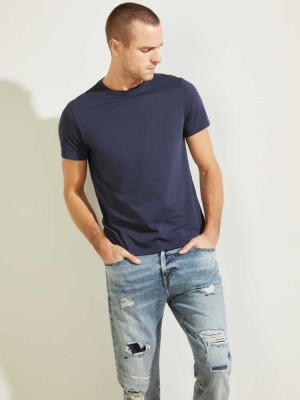 Dark Blue Guess Classic Pima Crew Men's T-Shirts | 8354-KJXHD