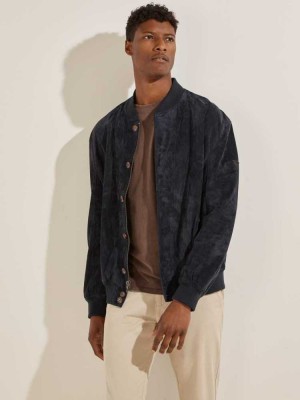 Dark Blue Guess Dust Suede Bomber Men's Jackets | 6105-UCZWS