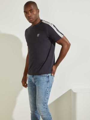 Dark Blue Guess Eco Eric Logo Men's T-Shirts | 2835-CRHDG