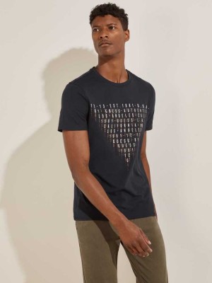 Dark Blue Guess Eco Keanu Logo Men's T-Shirts | 0634-DAXMJ