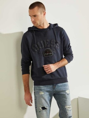 Dark Blue Guess Eco Murray Logo Men's Hoodies | 3840-UBMZX