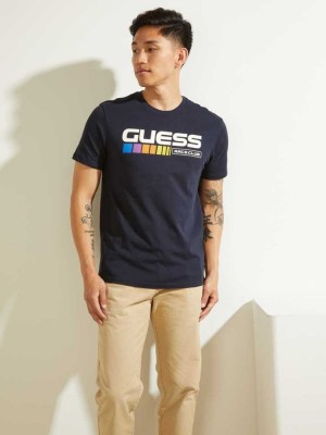 Dark Blue Guess Eco Race Club Men's T-Shirts | 8514-YSBXO