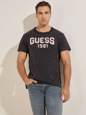 Dark Blue Guess Eco Raw Patchwork Logo Men's T-Shirts | 4068-BGTNW