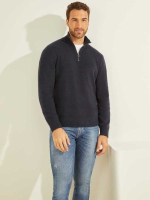 Dark Blue Guess Esmere Wool-Blend Zip Men's Sweaters | 3804-ORXNK