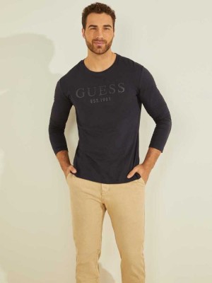 Dark Blue Guess Gammy Logo Men's Shirts | 7234-XCVTI