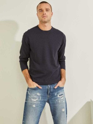 Dark Blue Guess Hudson Waffle Men's T-Shirts | 6152-VKSCE