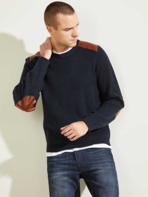 Dark Blue Guess Liam Leather Patch Men's Sweaters | 8241-XURDV