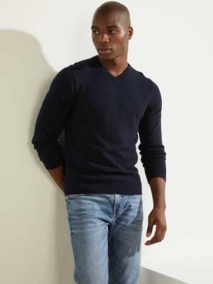 Dark Blue Guess Owen V-Neck Men's Sweaters | 3241-LRADO