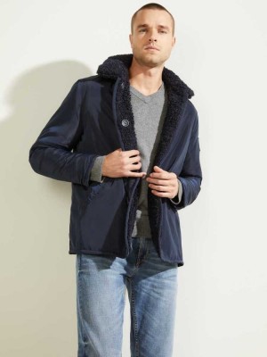 Dark Blue Guess Reversible Nylon Sherpa Peacoat Men's Coats | 9503-KVLQO
