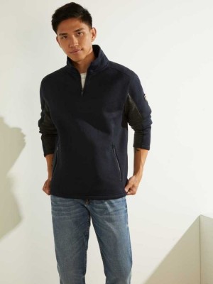 Dark Blue Guess Runyon Fleece Half-Zip Men's Pullover | 9378-NBPGC