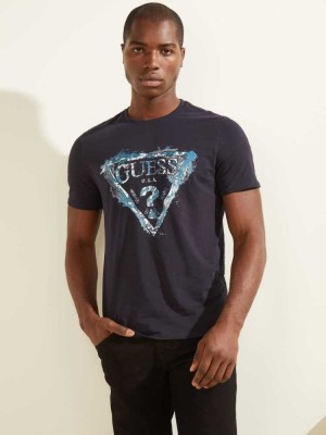 Dark Blue Guess Splash Men's T-Shirts | 1407-MAQKP