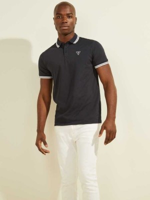 Dark Blue Guess Sports Pique Logo Men's Polo Shirts | 4618-HCWIZ