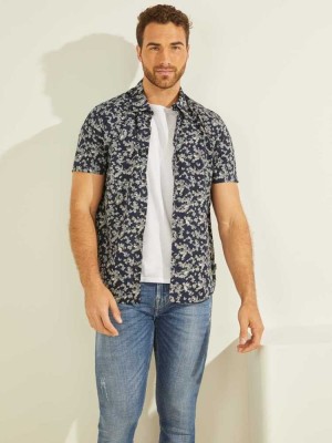 Dark Green Guess Ivy Printed Men's Shirts | 0764-YMGLH