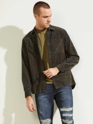 Dark Green Guess Lincoln Plaid Corduroy Men's Shirts | 0692-QZNBJ