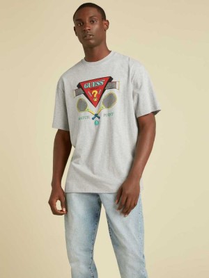 Dark Grey Guess Originals Logo Men's T-Shirts | 6917-WZASU