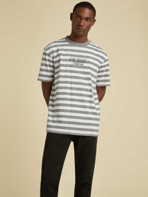 Dark Grey Guess Originals Striped Men's T-Shirts | 9608-CYZQO