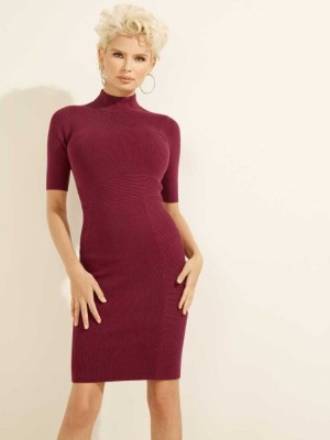Dark Red Guess Allison Ribbed Women's Dresses | 0148-PZSTI