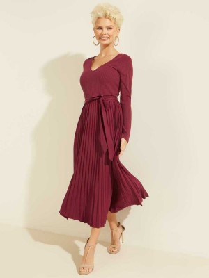 Dark Red Guess Eco Erynn Pleated Long-Sleeve Women's Dresses | 9260-XHURQ
