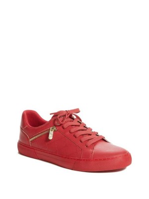 Dark Red Guess Myran Zip Low-Top Men's Sneakers | 9482-TXSFQ