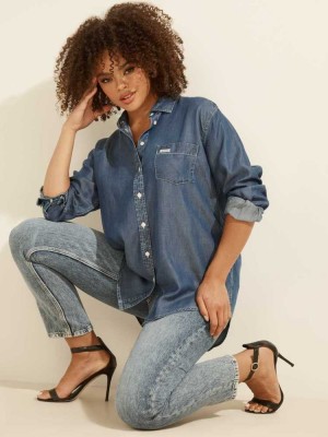 Deep Blue Guess Pauleta Denim Women's Shirts | 7085-GUOIM