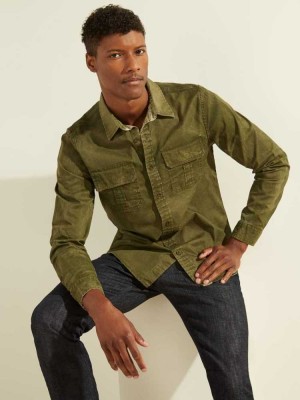 Deep Green Multicolor Guess Dusty Twill Washed Milton Men's Shirts | 7835-NCUZT