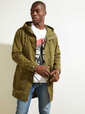 Deep Green Multicolor Guess Twill Parka Men's Jackets | 8174-NYAUX