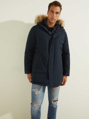 Deep Multicolor Guess Brian Faux-Fur Hooded Men's Coats | 6271-DQSFU