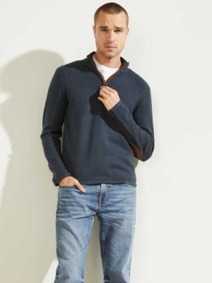 Deep Multicolor Guess Faux-Leather Trim Zip Men's Sweaters | 7014-RAKDE
