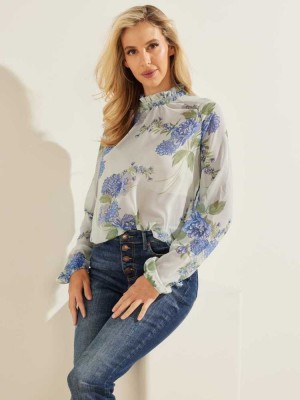 Flower Guess Floral Puff Sleeve Women's Blouse | 9415-EPLAZ