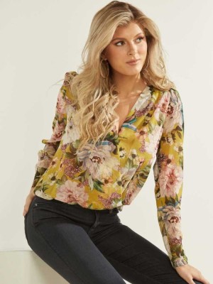 Flower Guess V-Neck Women's Blouse | 0137-MBOHN