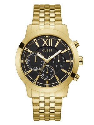 Gold Guess Black Gold-Tone Multifunction Men's Watches | 4891-SHFMI