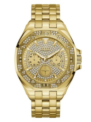 Gold Guess Gold-Tone Rhinestone Multifunction Men's Watches | 9510-YFNXP