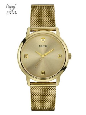 Gold Guess Gold-Tone Slim Mesh Diamond Men's Watches | 2174-WOIYV