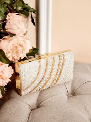 Gold Guess Pearl And Stone Clutch Women's Handbags | 9714-ORUNJ