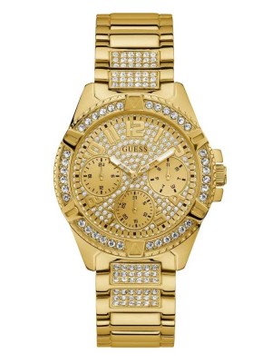 Gold Guess Rhinestone Gold-Tone Multifunction Women's Watches | 5416-UYBKM