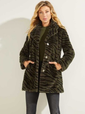 Green Black Guess Federica Faux-Fur Women's Coats | 9810-NFAQP