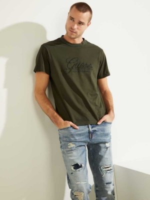 Green Guess Classical Embroidered Logo Men's T-Shirts | 2031-VQAFO