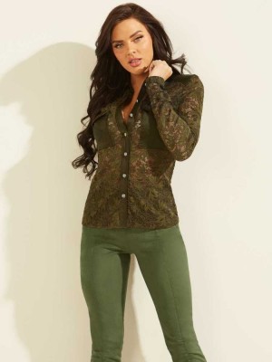 Green Guess Corinne Lace Top Women's Tops | 1089-KWFXD