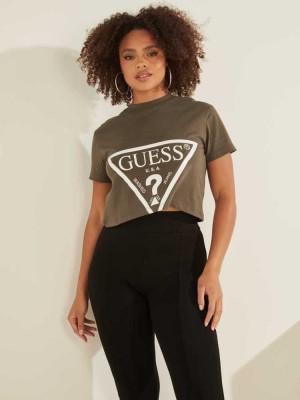 Green Guess Cropped Logo Women's T-Shirts | 1083-BZACD