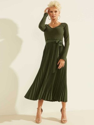 Green Guess Eco Erynn Pleated Long-Sleeve Women's Dresses | 6134-IQKGU