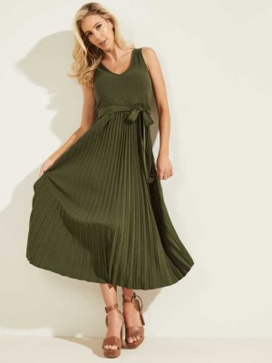 Green Guess Erynn Pleated Women's Dresses | 0824-GBOSM