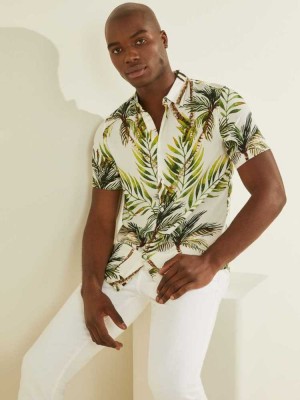 Green Guess Greenleaf Printed Men's Shirts | 9271-XHDZY