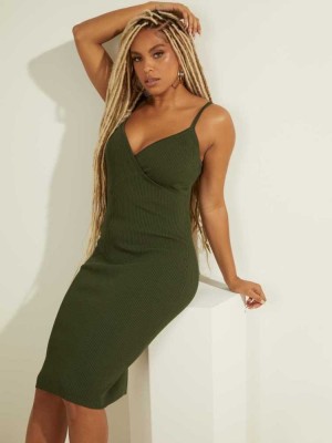 Green Guess Haley Ribbed Women's Dresses | 0938-SBZUE