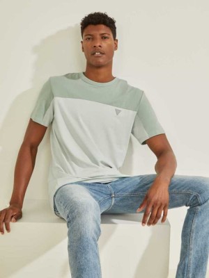 Green Guess Larrie Color-Block Men's T-Shirts | 9126-GLPIT
