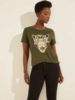 Green Guess Leopard Bling Women's T-Shirts | 3182-COFHG