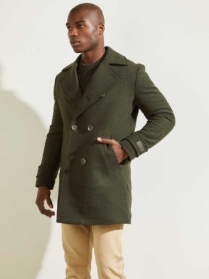 Green Guess Military Wool-Blend Men's Coats | 8162-WJQMU