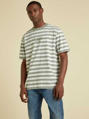 Green Guess Originals Striped Men's T-Shirts | 8304-KIANW