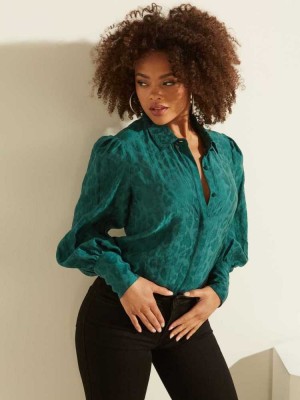 Green Guess Raven Button-Up Women's Shirts | 8316-BYQTX