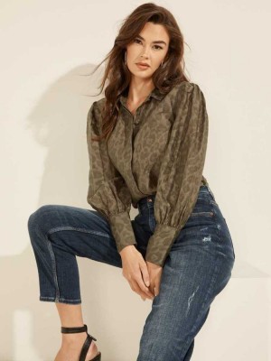 Green Guess Raven Button-Up Women's Shirts | 8420-SKEVN